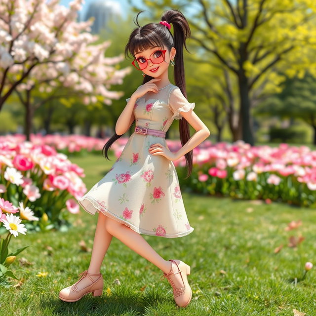 A stylish character wearing a fashionable outfit featuring a cute dress with pastel colors and floral patterns