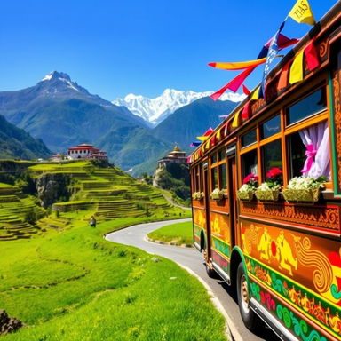 A vibrant and colorful Bhutanese themed bus caravan, elegantly decorated with traditional Bhutanese motifs and patterns, winding through the lush, green hills of Bhutan