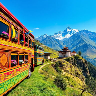 A vibrant and colorful Bhutanese themed bus caravan, elegantly decorated with traditional Bhutanese motifs and patterns, winding through the lush, green hills of Bhutan