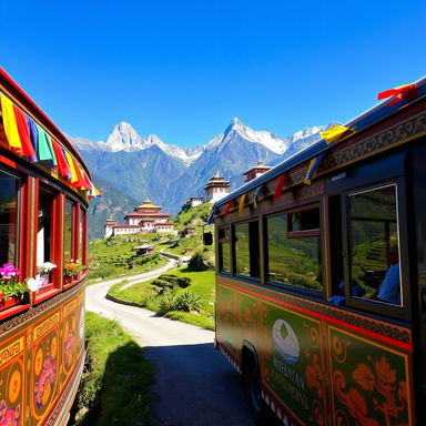 A vibrant and colorful Bhutanese themed bus caravan, elegantly decorated with traditional Bhutanese motifs and patterns, winding through the lush, green hills of Bhutan