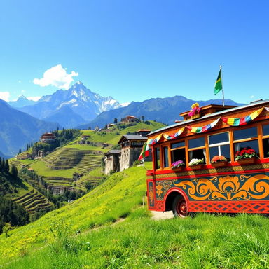 A vibrant and colorful Bhutanese themed bus caravan, elegantly decorated with traditional Bhutanese motifs and patterns, winding through the lush, green hills of Bhutan