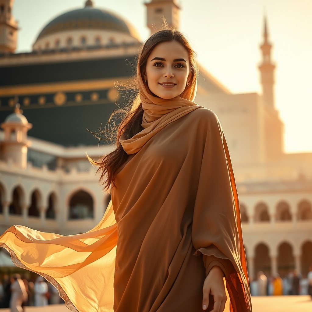 A beautiful young woman standing confidently in an outdoor setting, adorned in traditional Arabian attire, specifically a stylishly designed garment that highlights her figure