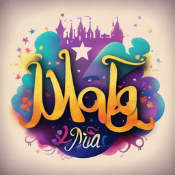 Create an image of a Disney-styled movie title card, embellished with magical, vibrant colors and whimsical fonts. The title should prominently display the name 'Mia'.