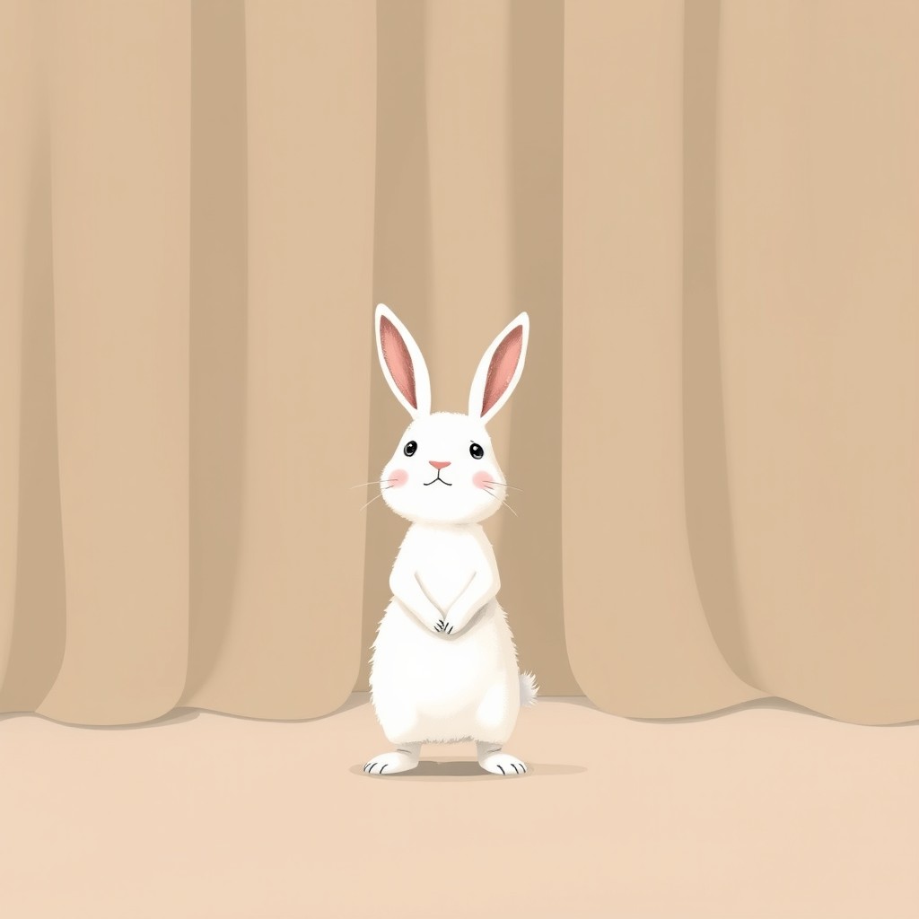 In the charming style of Jon Klassen, a cute little white rabbit stands confidently at the center of the composition