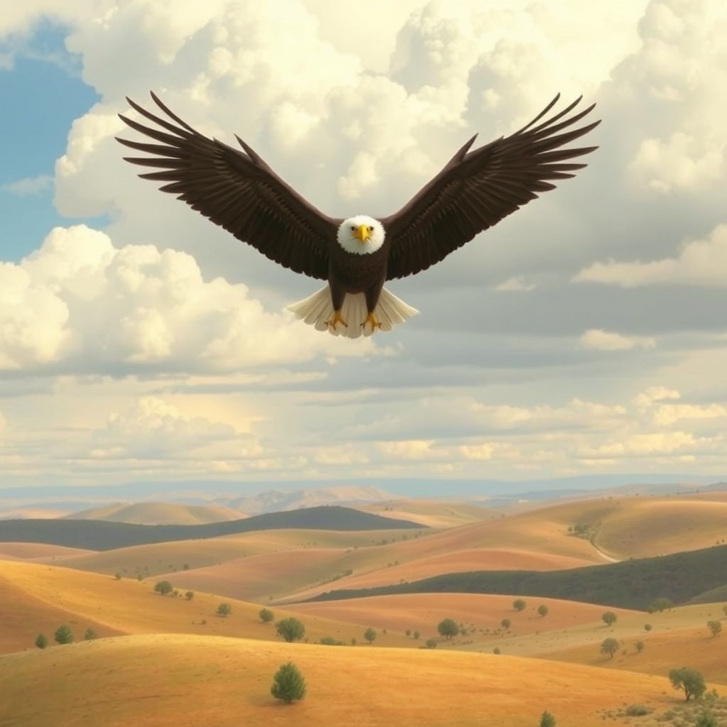 In the whimsical style of Jon Klassen, a majestic eagle soars gracefully high in the sky, its broad wings outstretched against a backdrop of soft, fluffy clouds