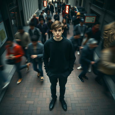 A cinematic overhead shot of an individual standing still on a brick city sidewalk, wearing a dark oversized sweater