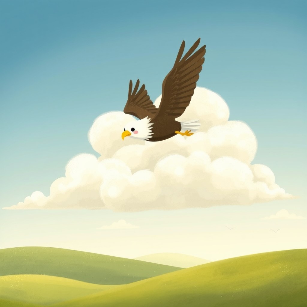 In the delightful style of Jon Klassen, a cute and charming eagle is depicted soaring high in the sky