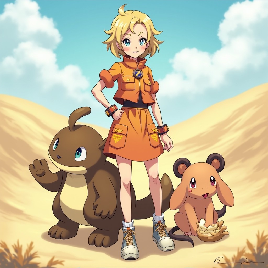 A dynamic Ground-type Pokémon trainer, confidently posed in a stylish skirt outfit that blends practicality with flair