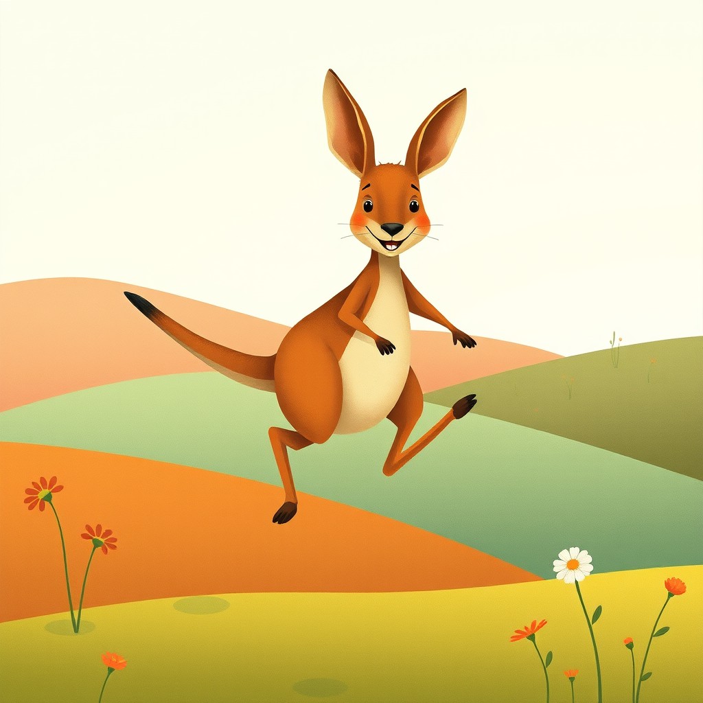 In the delightful style of Jon Klassen, a cute kangaroo is captured mid-jump, exuding a sense of joy and playfulness