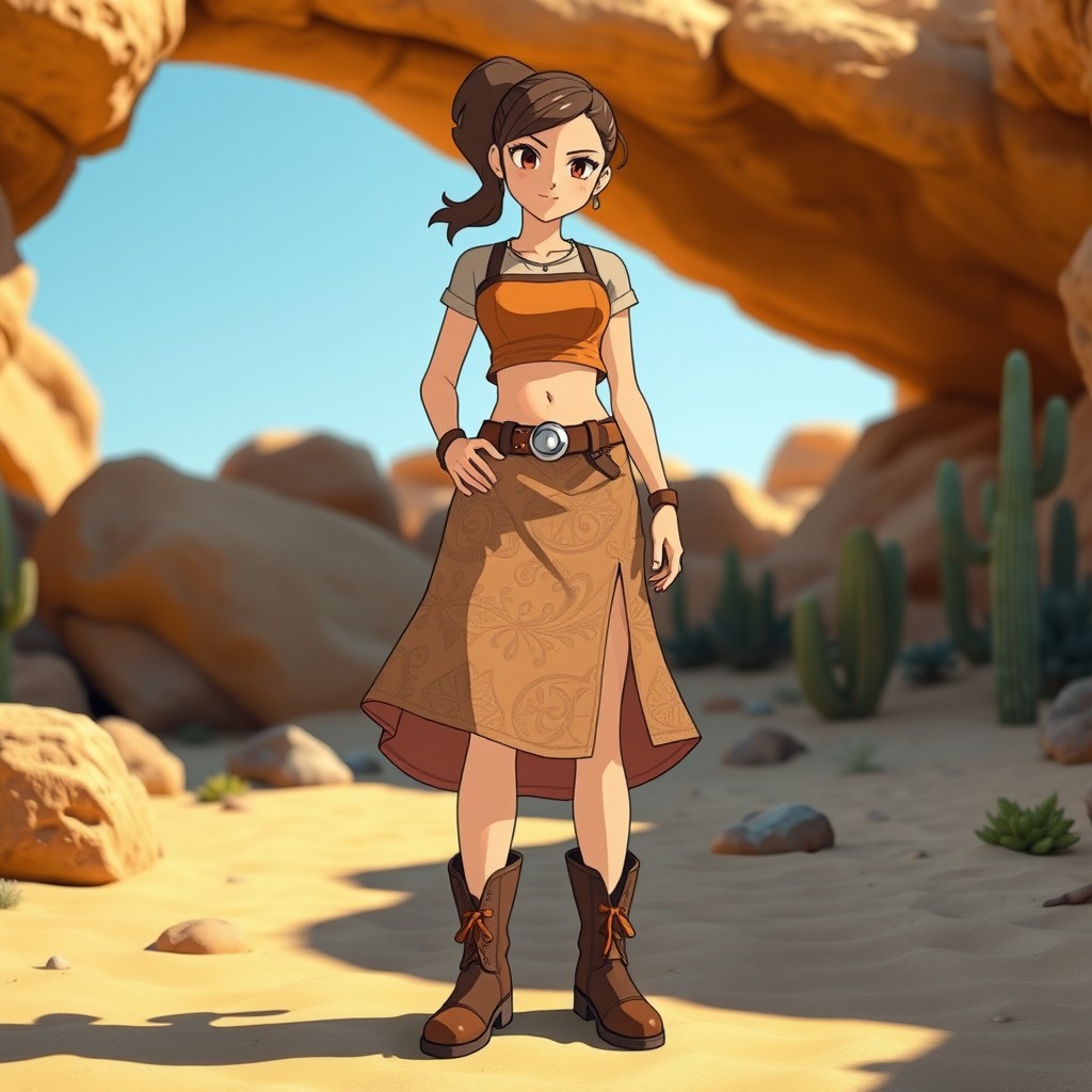 A confident Ground-type Pokémon trainer wearing a stylish skirt outfit
