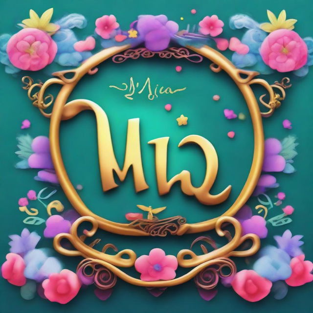 Create an image of a Disney-styled movie title card, embellished with magical, vibrant colors and whimsical fonts. The title should prominently display the name 'Mia'.