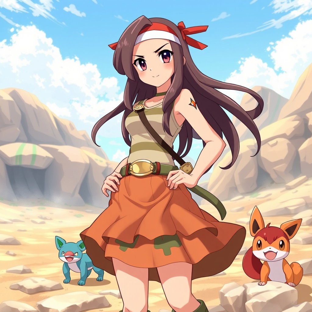 A female Ground-type Pokémon trainer wearing a stylish skirt outfit, depicted in a vibrant anime style