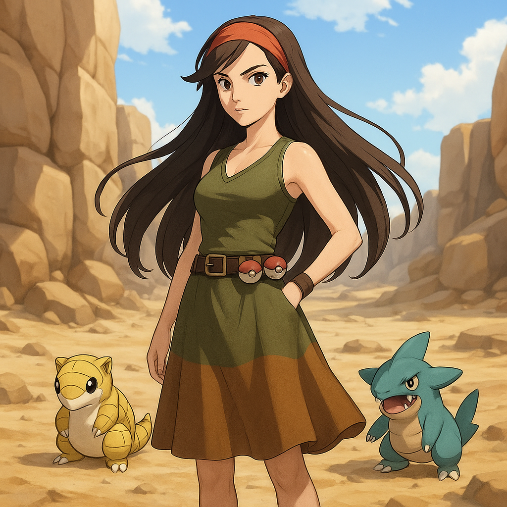 Ground type pokemon trainer with a skirt outfit make her in an realistic style