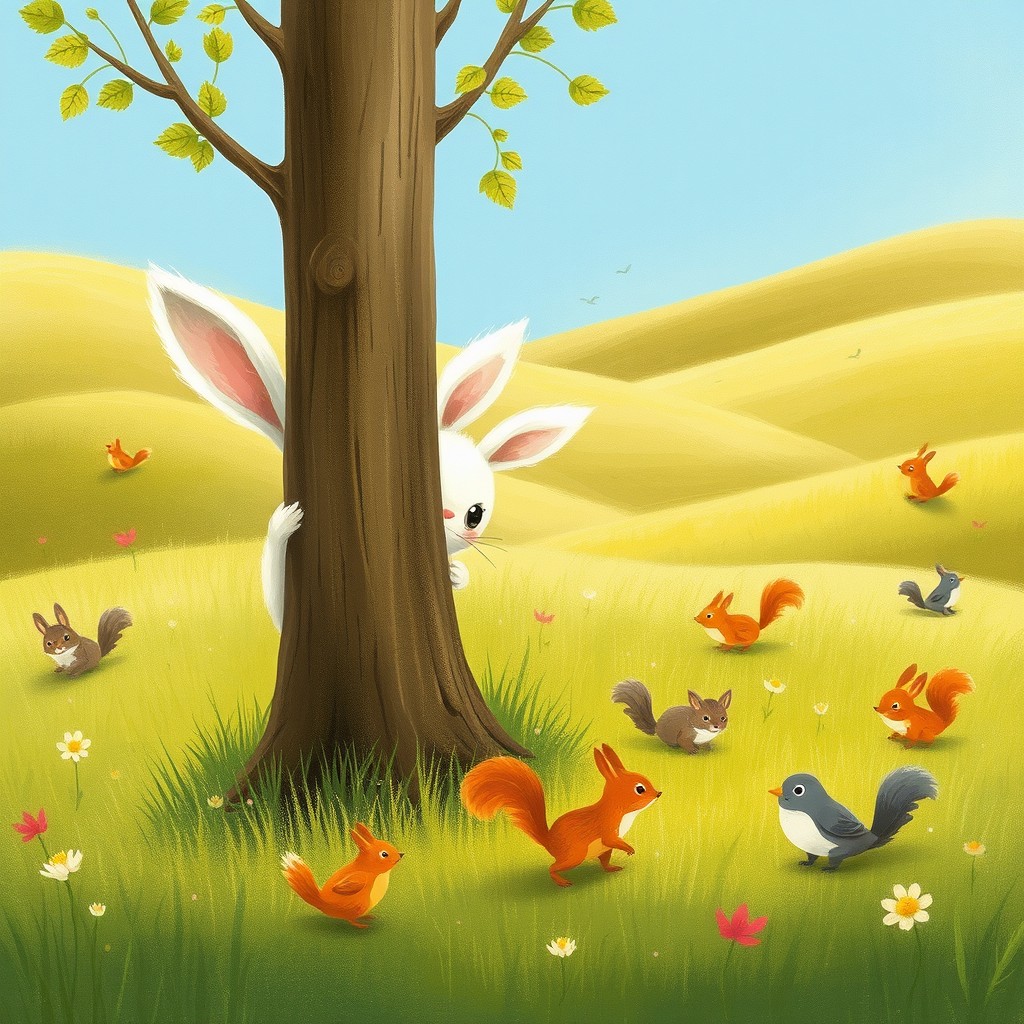 In the charming style of Jon Klassen, a small white rabbit peeks out from behind a little tree, its curious eyes peering over the trunk