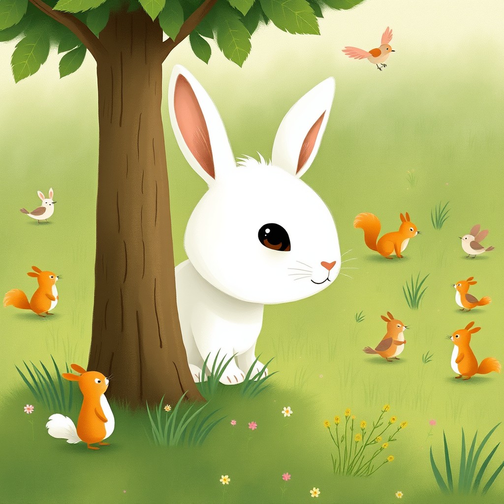 A small white bunny peeking out from behind a little tree, with its curious head and bright eyes visible