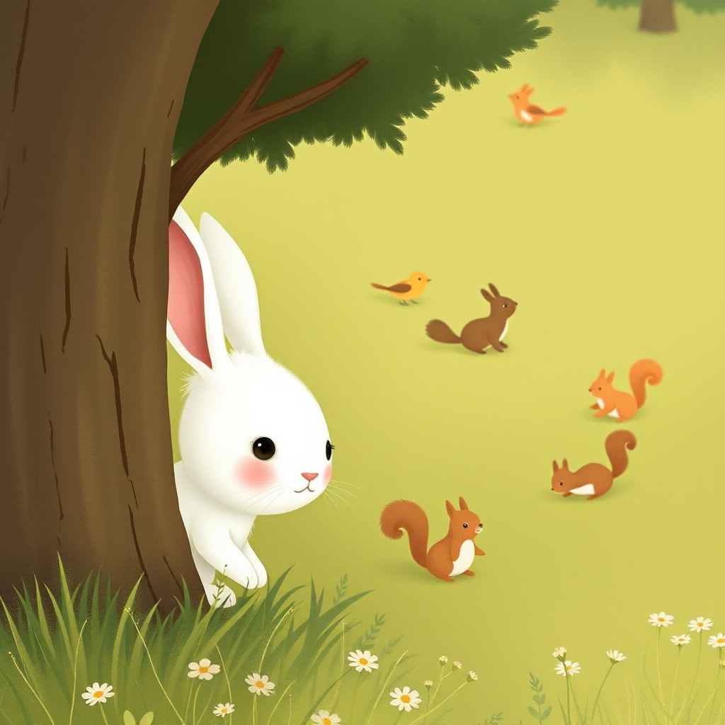 A small white bunny shyly peeking out from behind a little tree, its head partially visible as it curiously watches other small animals play on the grassy meadow