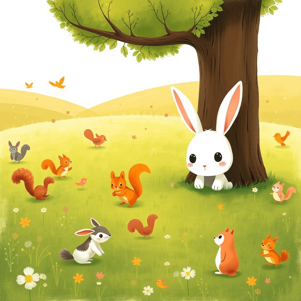 In the charming style of Jon Klassen, a small white rabbit shyly peeks out from behind a little tree, its large eyes glancing at other animals playing joyfully on the lush green grass