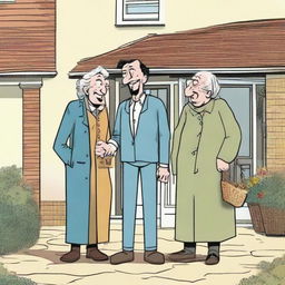 A comic scene where three men are arriving at the home of an old grandmother, expressing their greetings warmly