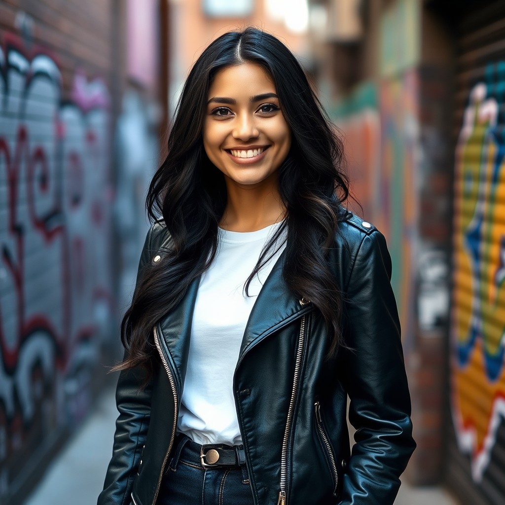 A portrait of a confident young woman standing against an urban backdrop