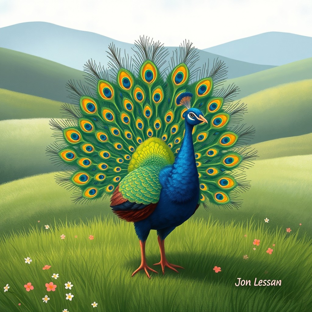 In the whimsical style of Jon Klassen, a stunning peacock proudly displays its vibrant feathers on a green grassy area