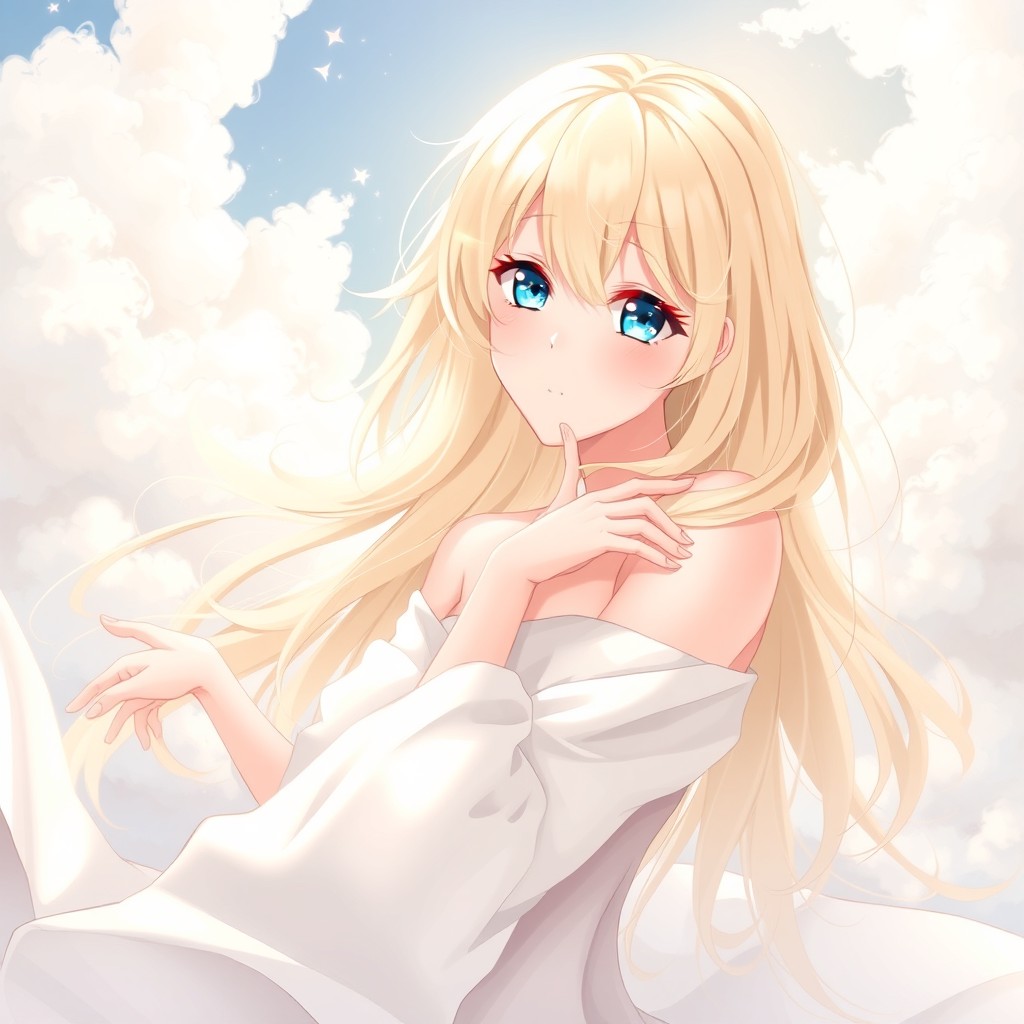 An anime-style illustration of a young blonde woman with bright blue eyes, elegantly posed in a graceful manner