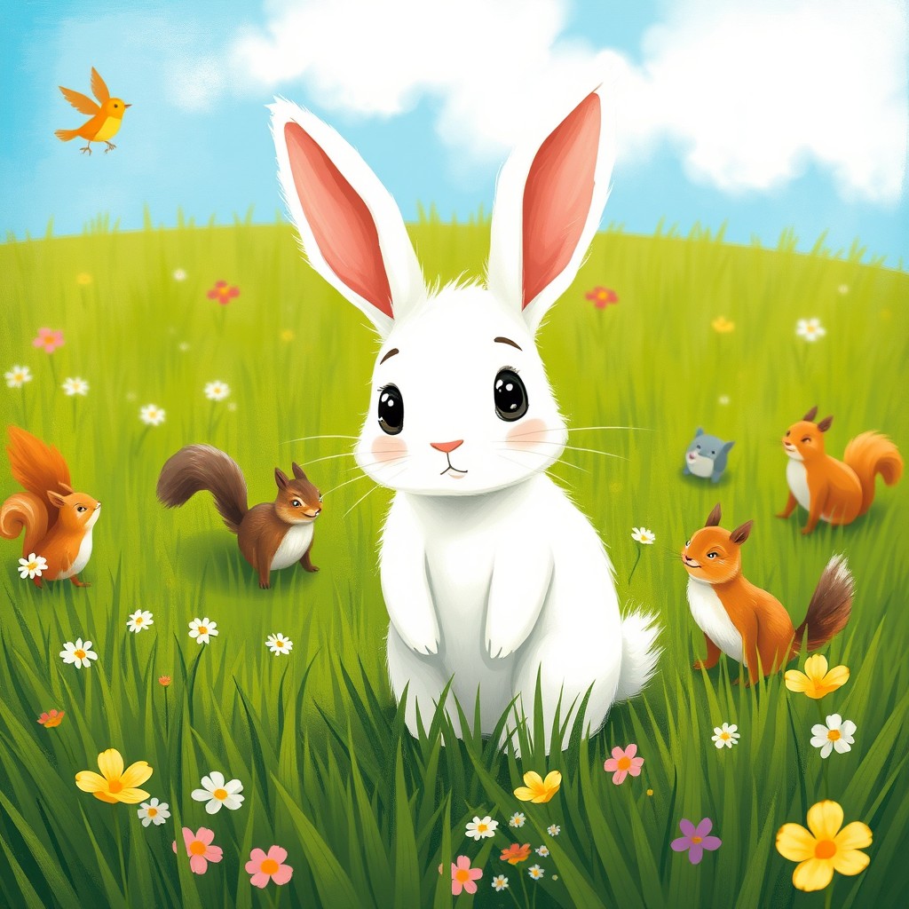 In the delightful style of Jon Klassen, a small white rabbit stands to the side with a bashful expression, its large eyes curiously observing other animals playing joyfully on the lush green grass