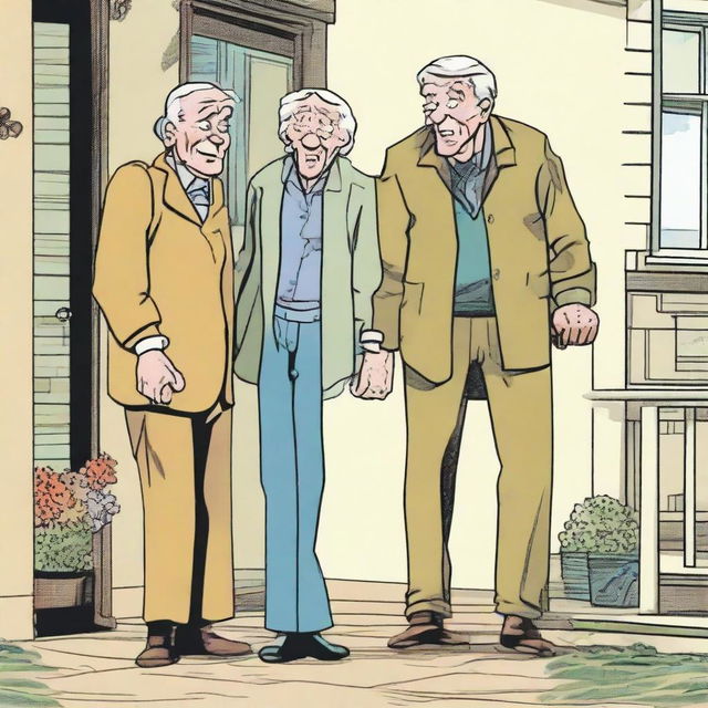 A comic scene where three men are arriving at the home of an old grandmother, expressing their greetings warmly