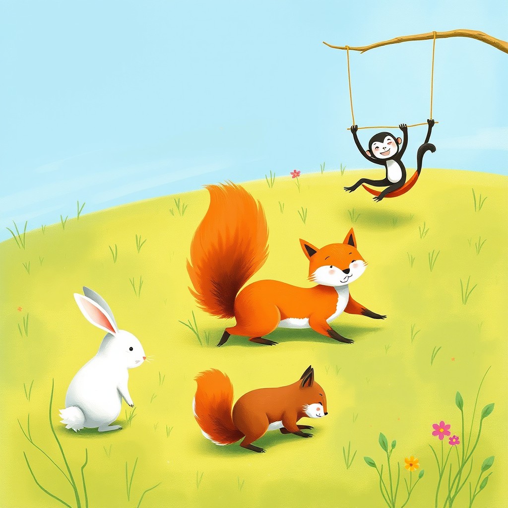 In the delightful style of Jon Klassen, a small white rabbit stands at a distance, its curious eyes watching as a lively scene unfolds on the grassy meadow