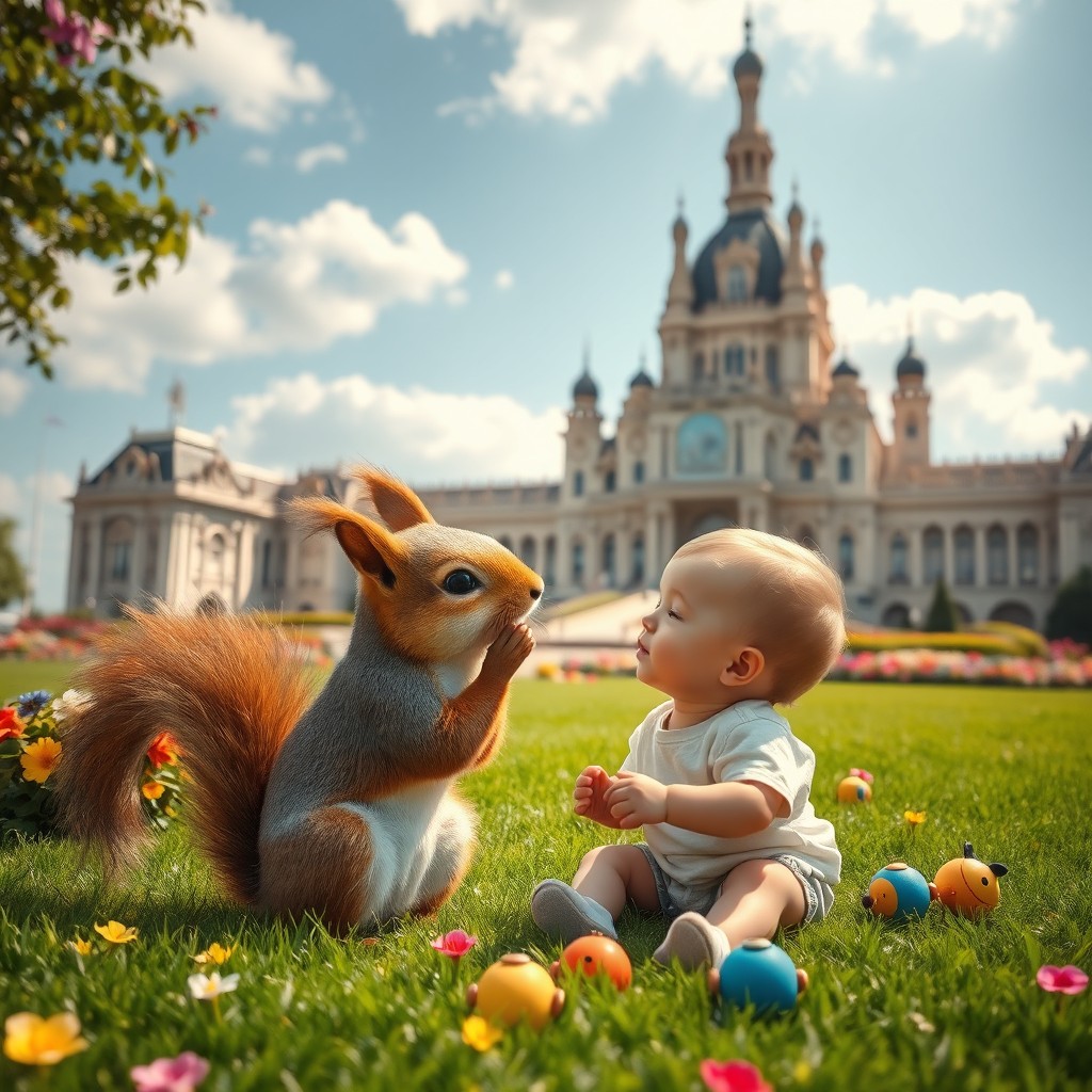 A playful scene featuring a small squirrel giving a gentle kiss to a small child, surrounded by colorful flowers and toys scattered on a lush green lawn
