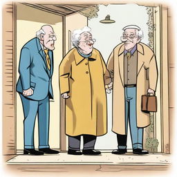 A comic scene where three men are arriving at the home of an old grandmother, expressing their greetings warmly