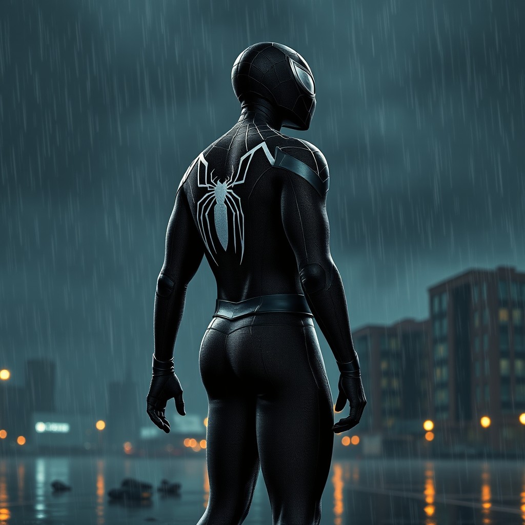 A black Spider-Man standing with his back turned, looking towards the right side of the image