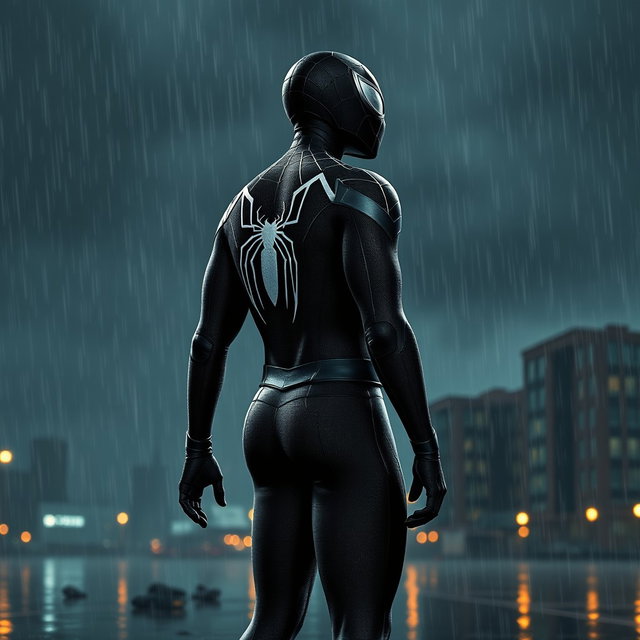 A black Spider-Man standing with his back turned, looking towards the right side of the image