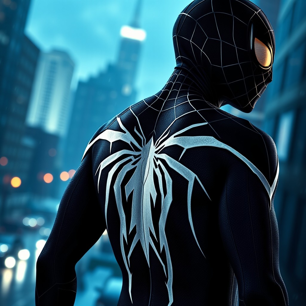 A close-up image of a black Spider-Man standing with his back turned, looking towards the right side