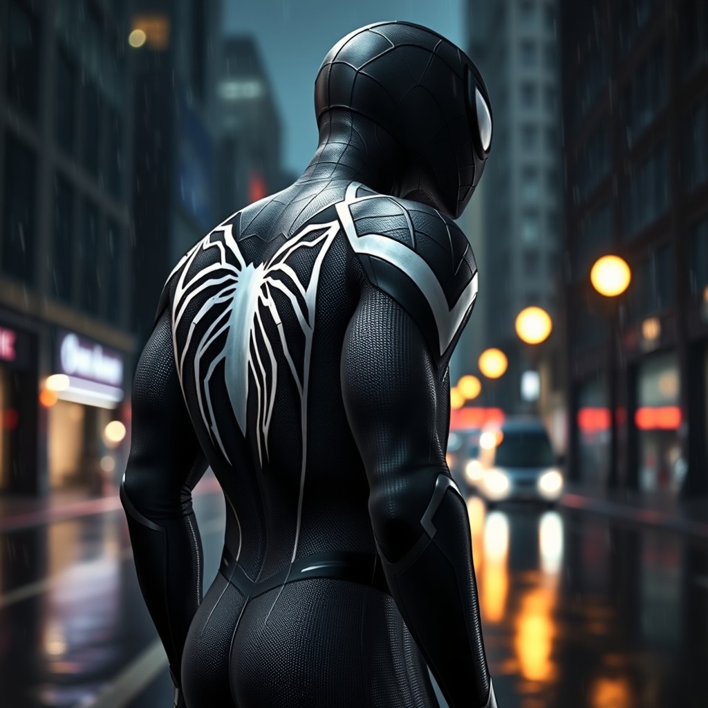 A close-up image of a black Spider-Man standing with his back turned, looking towards the right side
