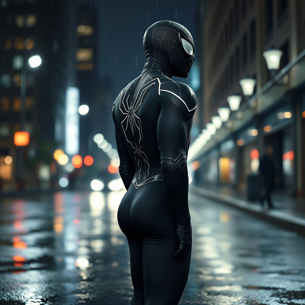 A close-up image of a black Spider-Man standing upright, his back facing the viewer but with his head turned to the right, as if looking at something intriguing