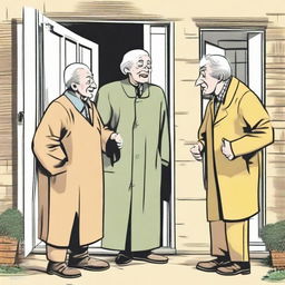 A comic scene where three men are arriving at the home of an old grandmother, expressing their greetings warmly