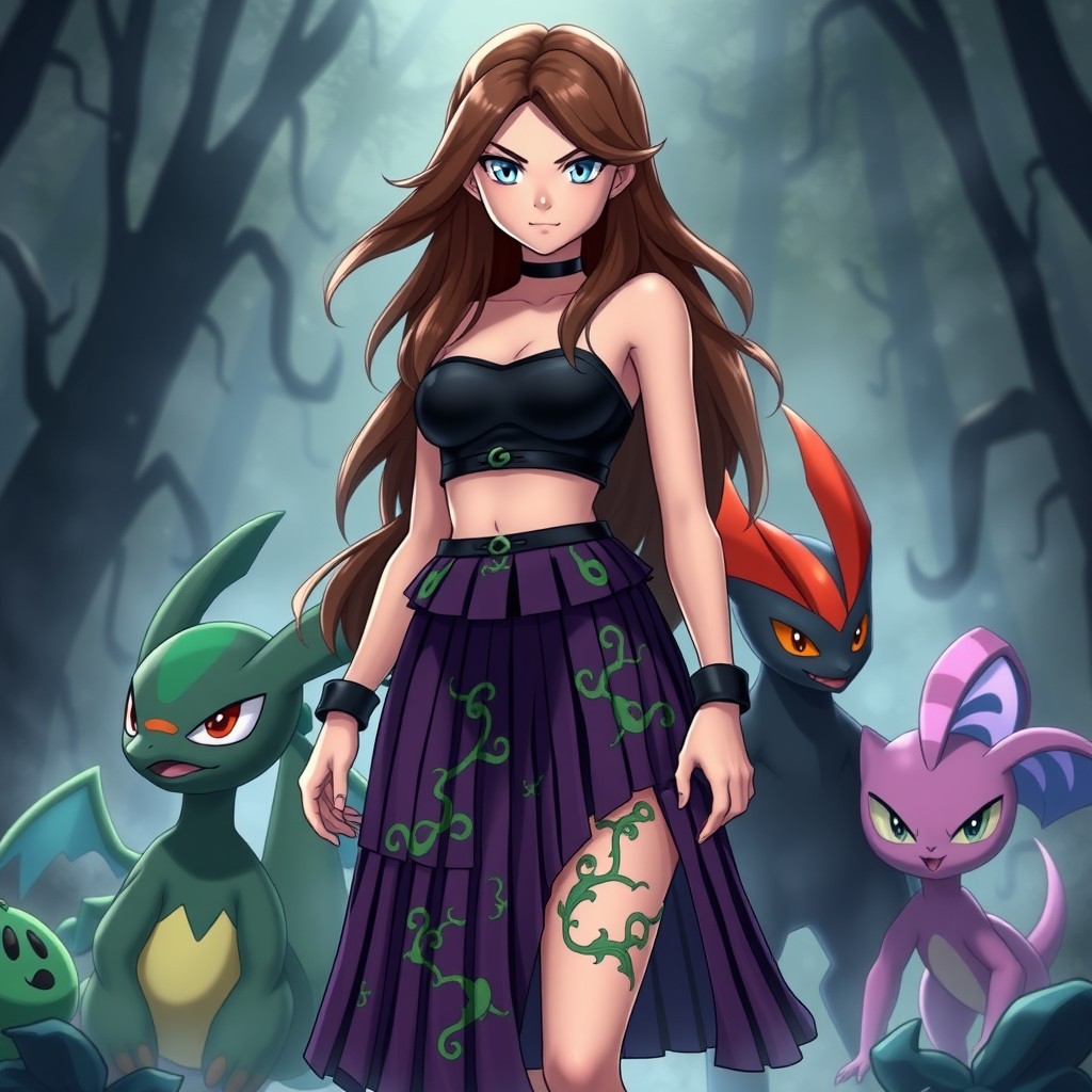 A female Pokémon trainer specializing in poison-type Pokémon, dressed in a unique and stylish pleated skirt outfit that captures her connection to her edgy and mysterious Pokémon