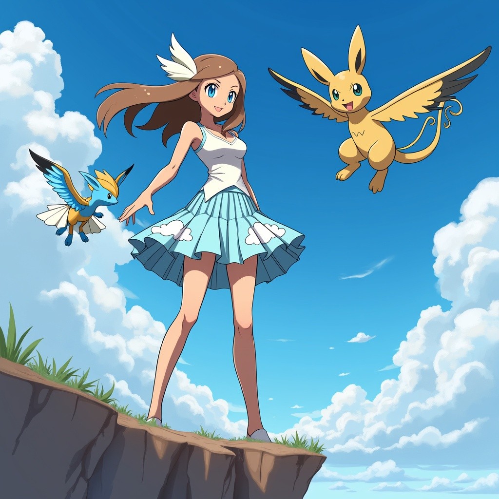 A female Pokémon trainer specializing in flying-type Pokémon, dressed in a stylish and airy pleated skirt outfit that captures the essence of open skies