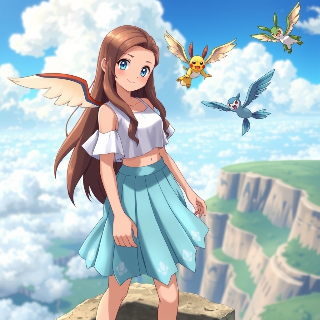 A female Pokémon trainer specializing in flying-type Pokémon, adorned in a charming pleated skirt outfit that embodies her affinity for the skies