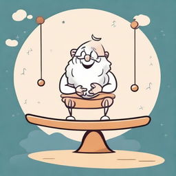 An illustration of Archimedes sitting on one side of a seesaw, Planet Earth on the other, elevated side. The fulcrum, located at the middle bottom of the seesaw, is whimsically shaped like a child's smile.