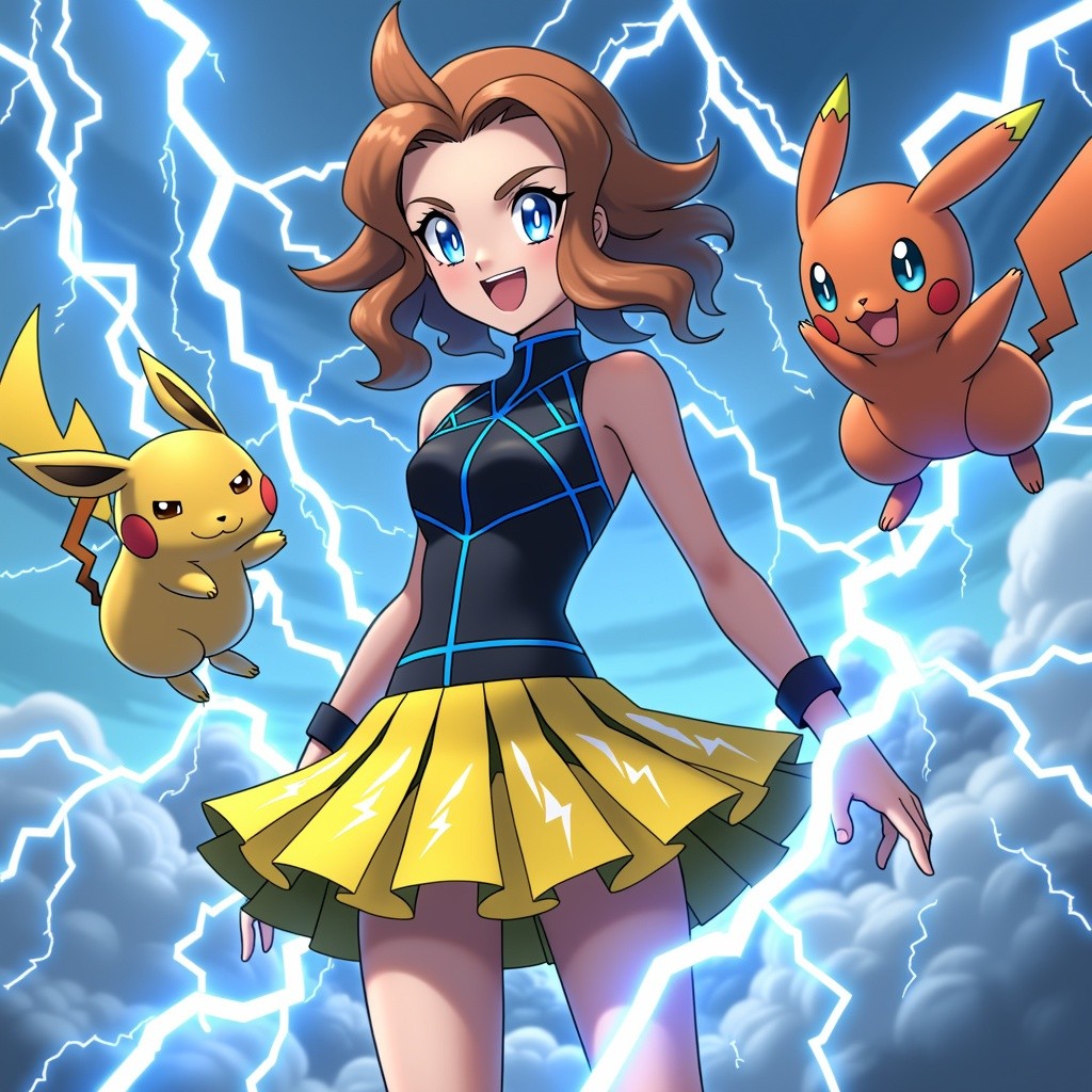 A female Pokémon trainer specializing in electric-type Pokémon, dressed in a vibrant and energetic pleated skirt outfit that embodies her electric personality