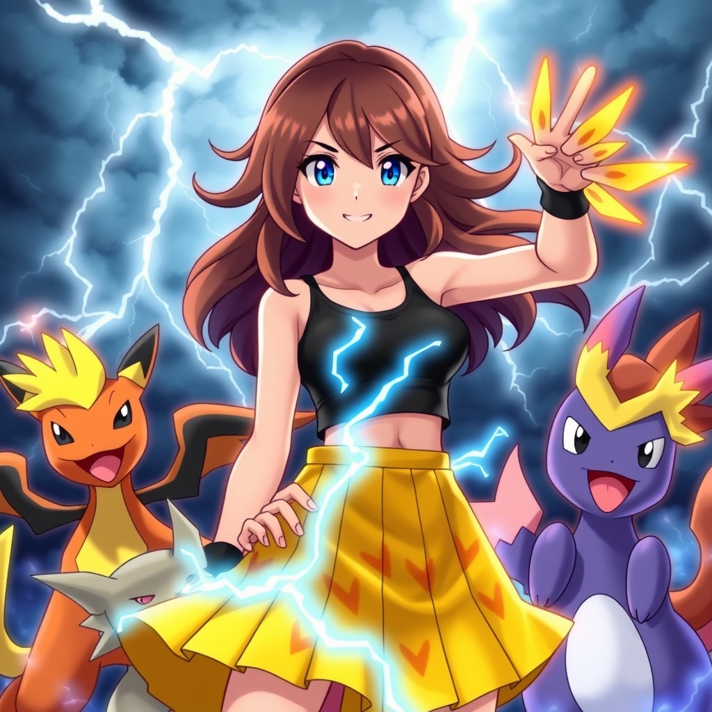 A vibrant female Pokémon trainer specializing in electric-type Pokémon, adorned in a striking pleated skirt outfit that radiates energy and excitement
