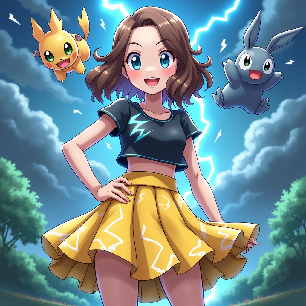 A female Pokémon trainer who specializes in electric-type Pokémon, featuring a lively and stylish pleated skirt outfit that reflects her energetic spirit