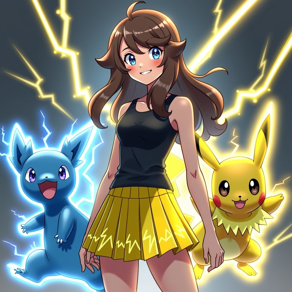 A female Pokémon trainer specializing in electric-type Pokémon, dressed in a trendy and energetic pleated short skirt outfit that reflects her dynamic personality