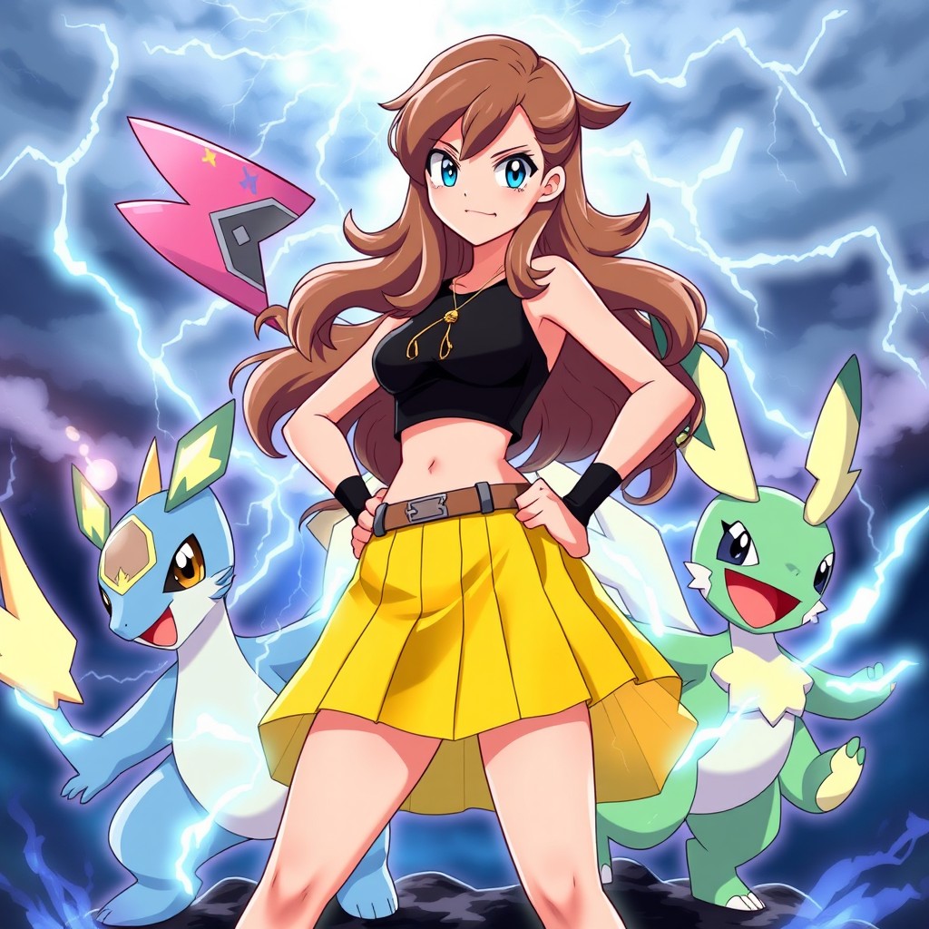 A female Pokémon trainer specializing in electric-type Pokémon, dressed in a stylish and energetic pleated short skirt outfit that reflects her dynamic personality