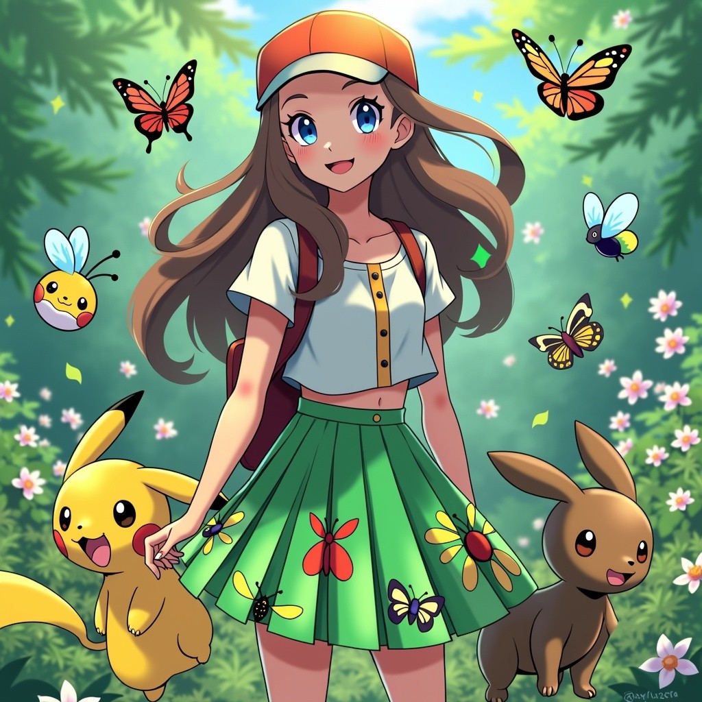 A vibrant female Pokémon trainer specializing in bug-type Pokémon, showcasing a stylish and playful pleated skirt outfit that embodies her love for nature and insects