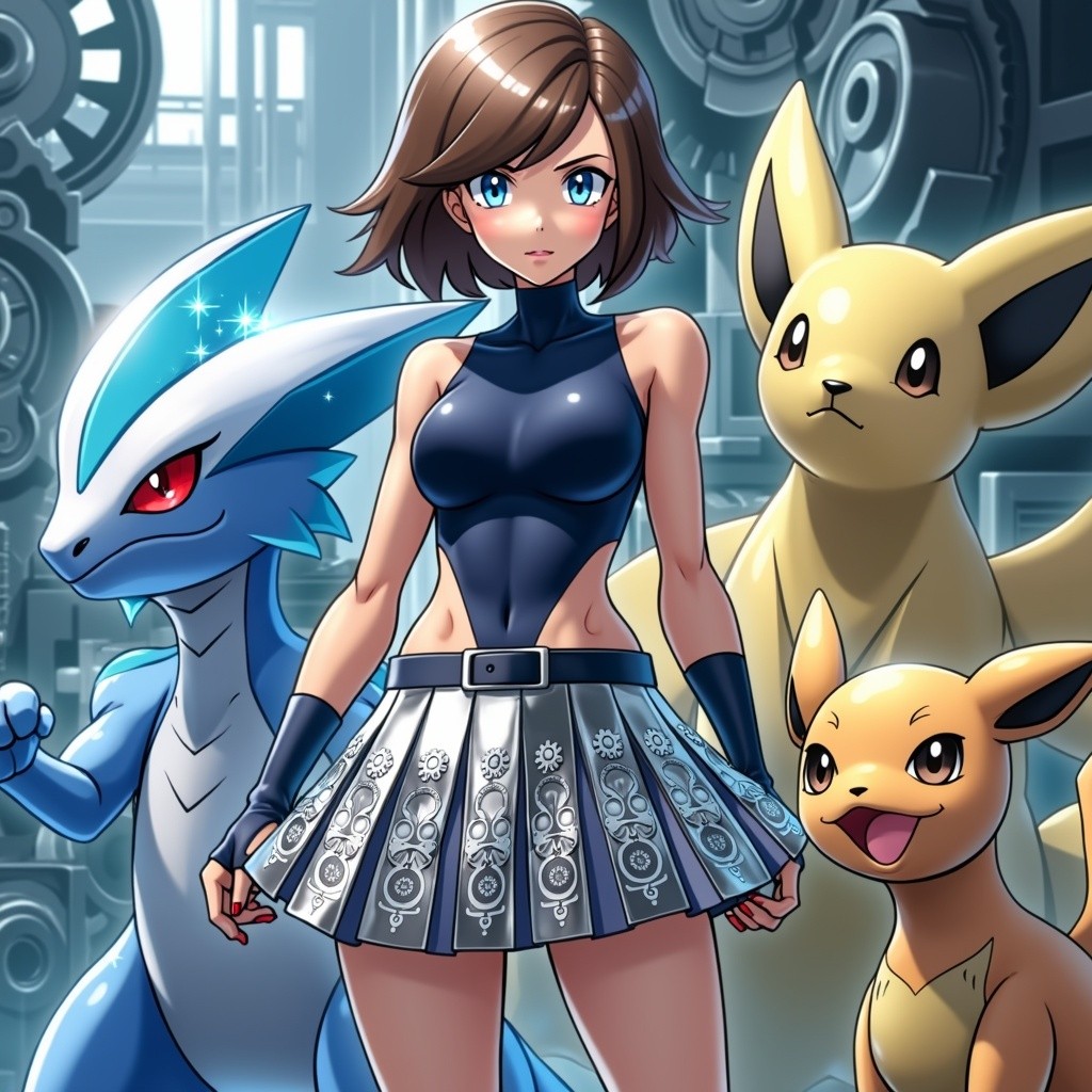A female Pokémon trainer specializing in steel-type Pokémon, dressed in a chic and energetic pleated short skirt outfit that reflects her strong yet stylish character