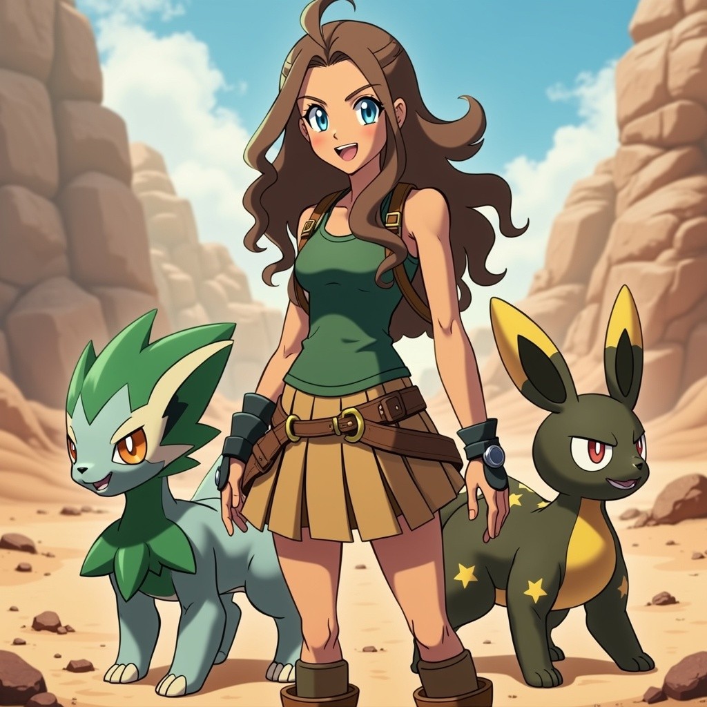 A determined female Pokémon trainer specializing in ground-type Pokémon, dressed in a stylish and adventurous pleated short skirt outfit that embodies her connection to the earth