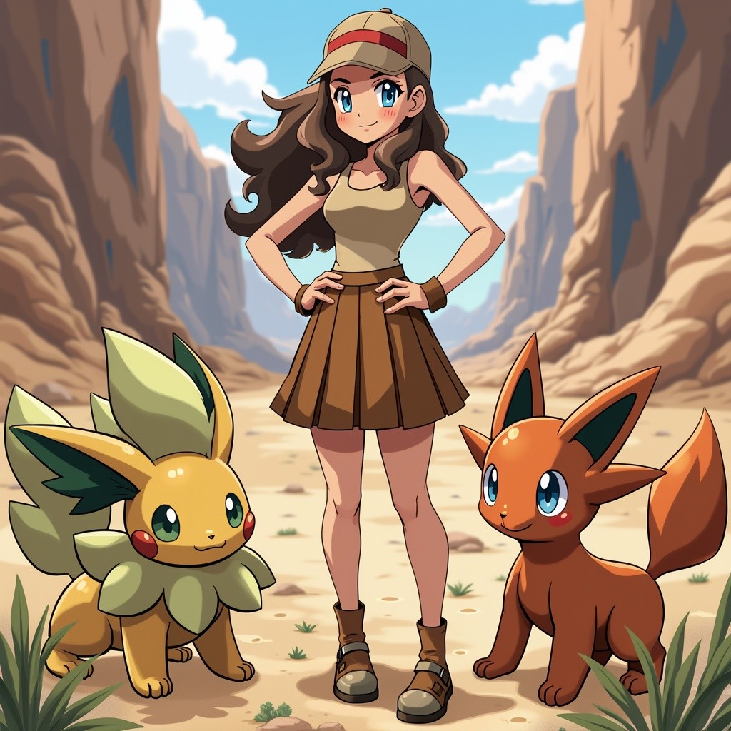 A female Pokémon trainer specializing in ground-type Pokémon, dressed in a fashionable pleated skirt outfit that embodies her earthy connection