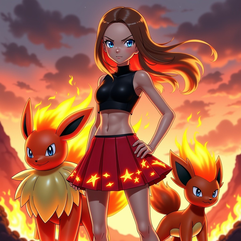 A female Pokémon trainer specializing in fire-type Pokémon, dressed in a vibrant and stylish pleated short skirt outfit that reflects her fiery personality